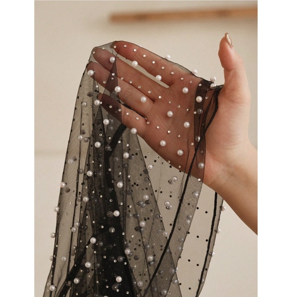 Black Sheer Mesh Long Sleeve Feather Shirt with Faux Pearls Sparkles Beaded - Picture 8 of 14